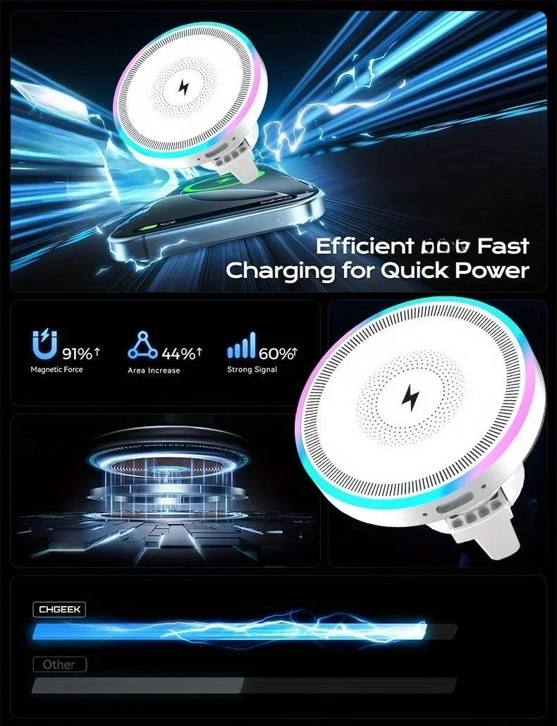 Car Magnetic Wireless Charger Air Vent Bracket Clip Phone Holder Stand RGB Light For iPhone 16 15 14 13 12 Pro Max Fast Charging