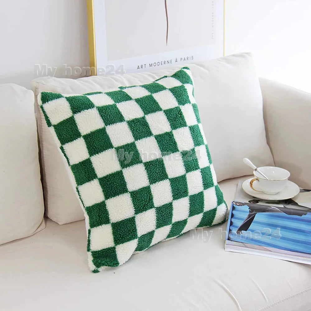 1Pc 45*45cm 50*50cm Checkerboard Plaid Plush Cushion Cover Knitted Car Sofa Throw Pillow Cover Short Fleece Pillowcase Cushion