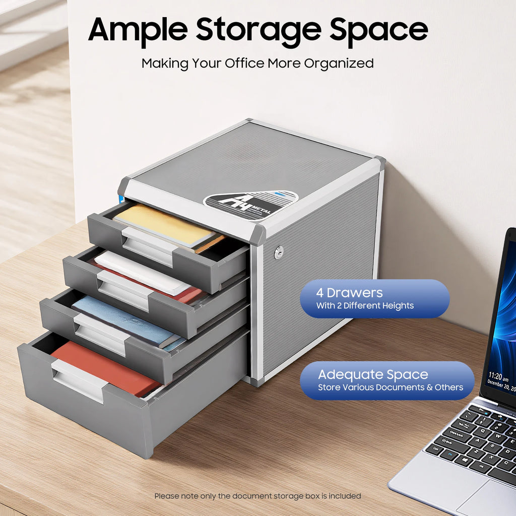 4 Layers Locking Drawer Cabinet Desk Organizer, Home Office Desktop File Storage Box,  Locking Storage Cabinet, Aluminum Alloy