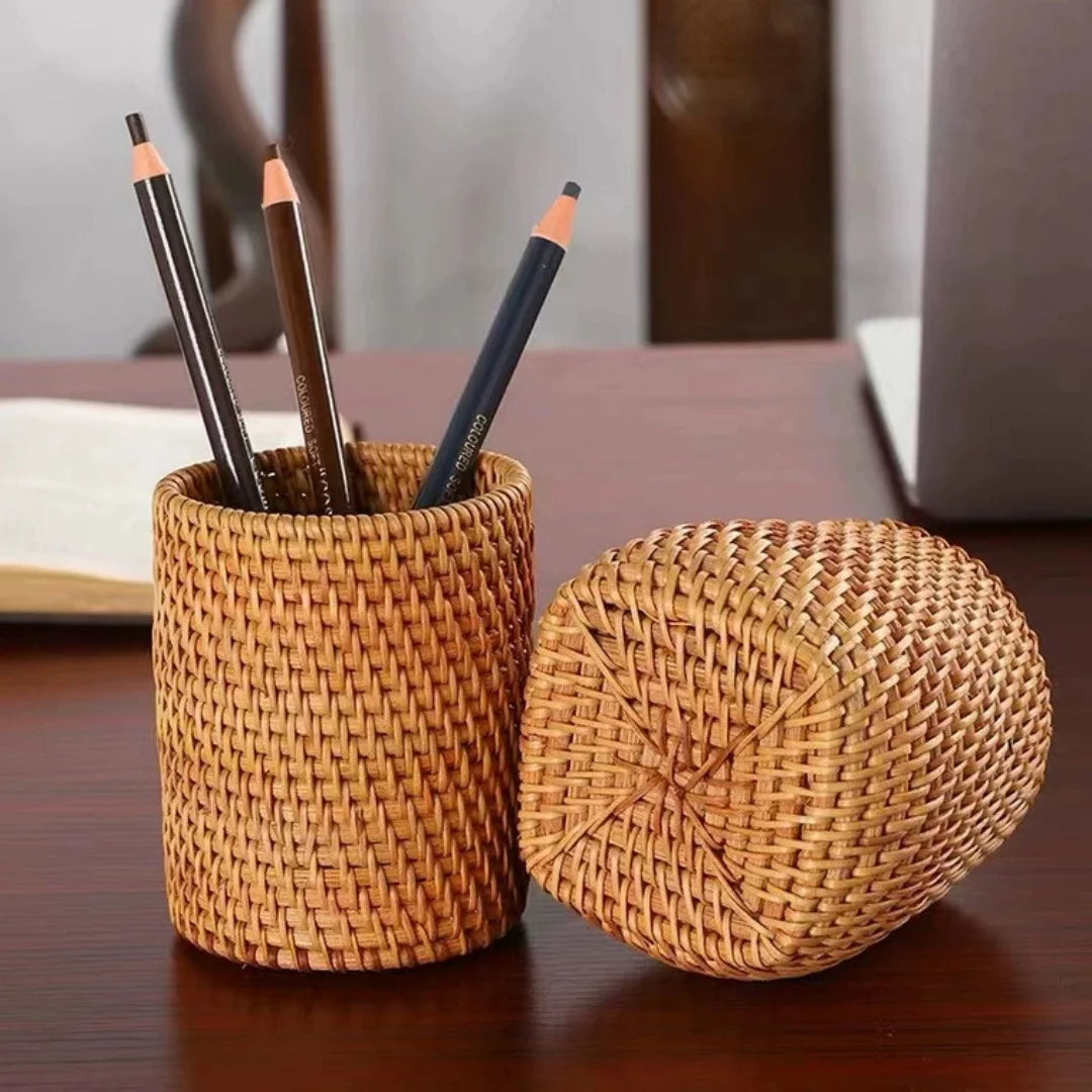 Rattan Pencil Holder, Handmade Wicker Pen Cup Makeup Brushes Holder, Woven Vine Desk Organizer Pen Container Box
