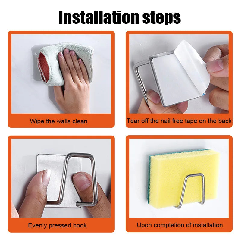 Kitchen Sponges Holder Self Adhesive Sink Sponges Drain Drying Rack Stainless Steel Storage Holder Kitchen Sink Accessories#