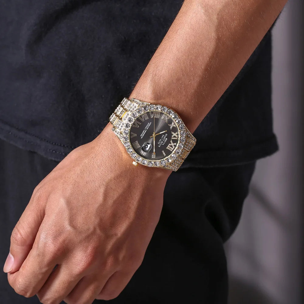 Luxury Classic Golden Men's Steel Strap Roman Scale Rhinestone