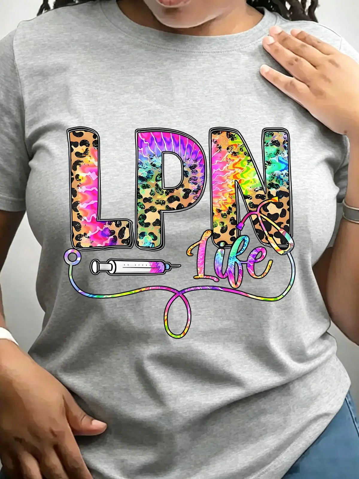 Women's Trendy Crew Neck T-Shirt Lpn Life Leopard Tie