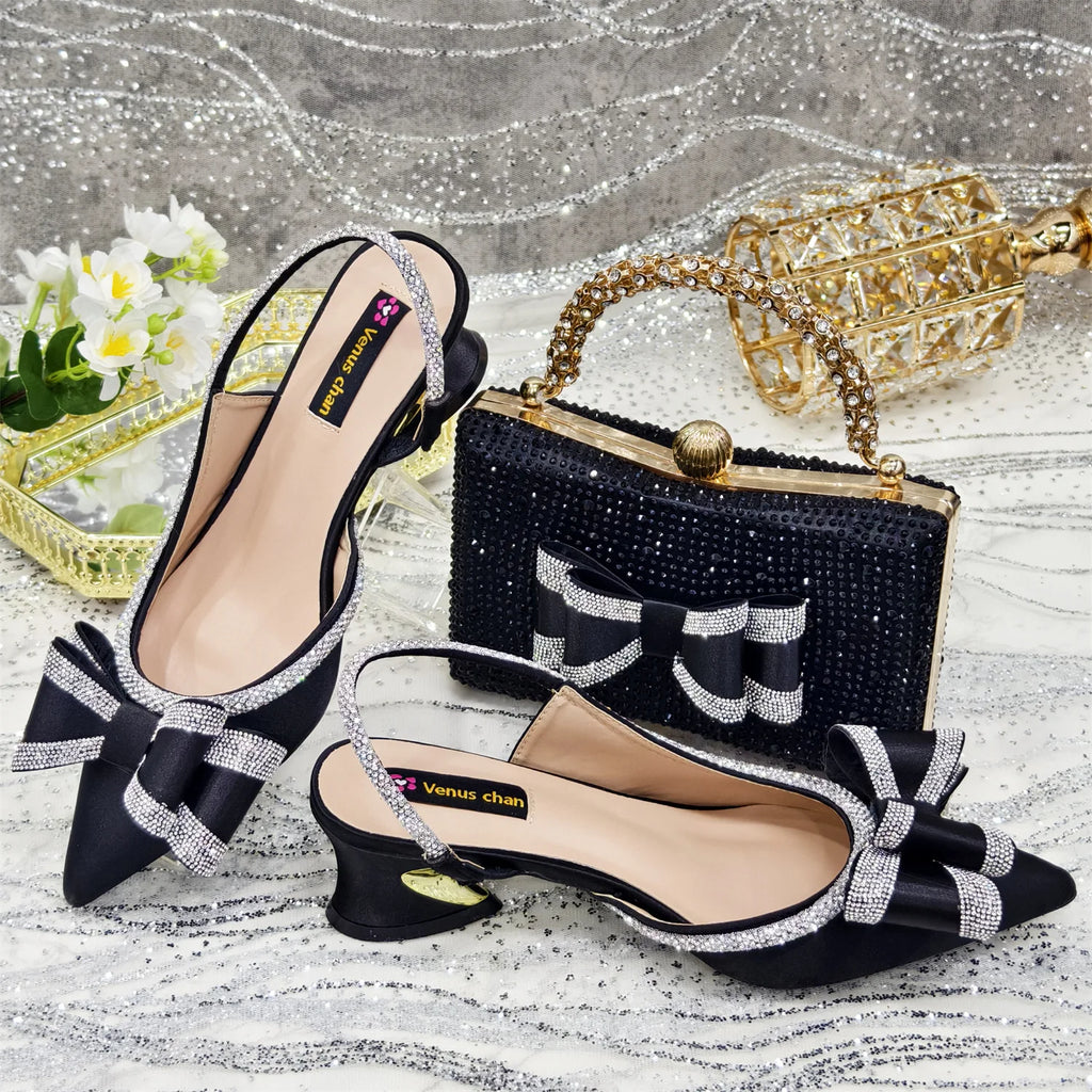 Wine Pointed-Toe Rhinestone Shoes and Bag Set