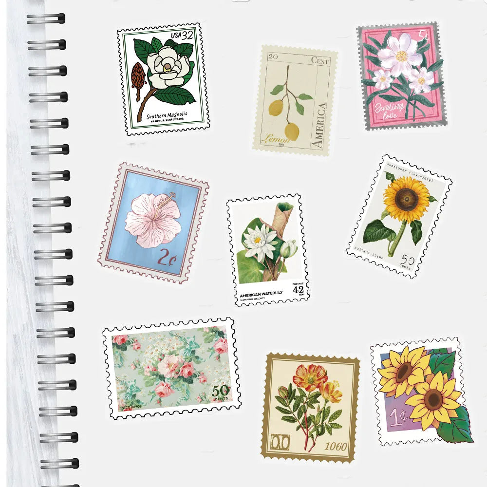 50PCS Creative Flower Stamp PET Waterproof Transparent Stickers Decorative Sunflower Flower Desktop Stickers