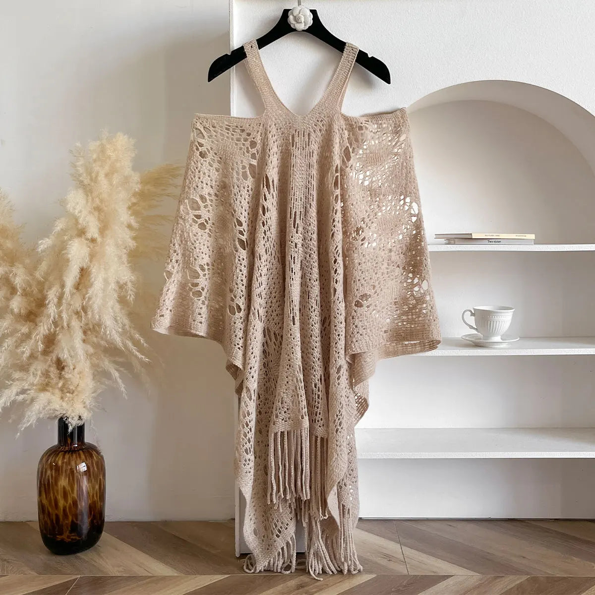 New Spring and Summer Fashion Women's Fringed Knitted Shawl Women Hollow out Solid Color Capes Knitted Pullover