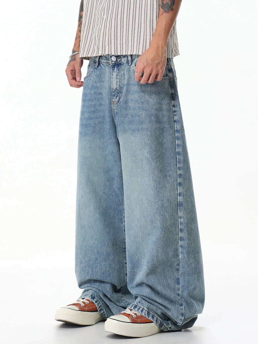 Men's Washed Blue Baggy Wide-Leg Jeans Y2K Street Fashion Casual