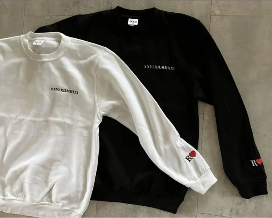 Custom Date Sweater, Roman Numeral Date Initial Heart Embroidered Sweatshirt, Wedding Hoodies (Memorable Dates, Initials Heart)