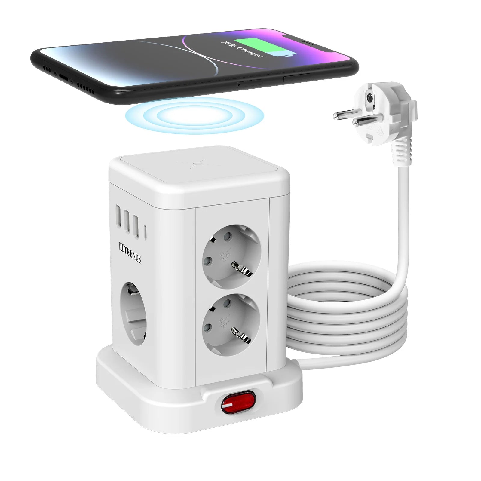 7/11AC EU plug Smart Power board with Wireless Charger 3 USB 1 Type c charging, 2m extension cable, Multiple Sockets for home