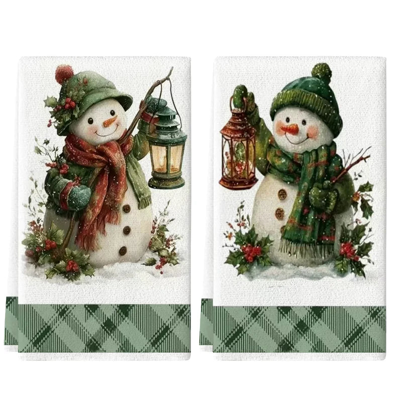 2Pcs, Green Christmas Snowman Kitchen Towels, 40Cm*60Cm Towel Set, Super Absorbent Soft Cleaning Cloth, Cooking and Baking Tea Towel, Hand Towel, Cleaning Cloth, Dishwashing Cloth, Kitchen Decoration, Living Room Decorations,