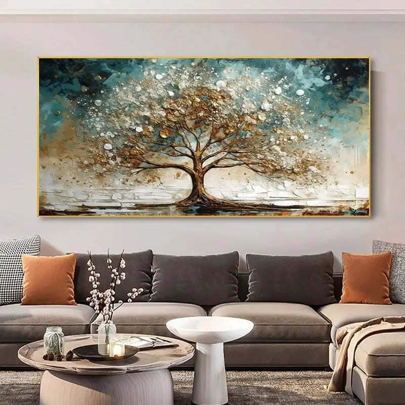 Elegant Abstract Gold and Blue Winter Tree Canvas Painting  Rich Landscape Wall Art for Living Room Decor  Premium Tree Posters