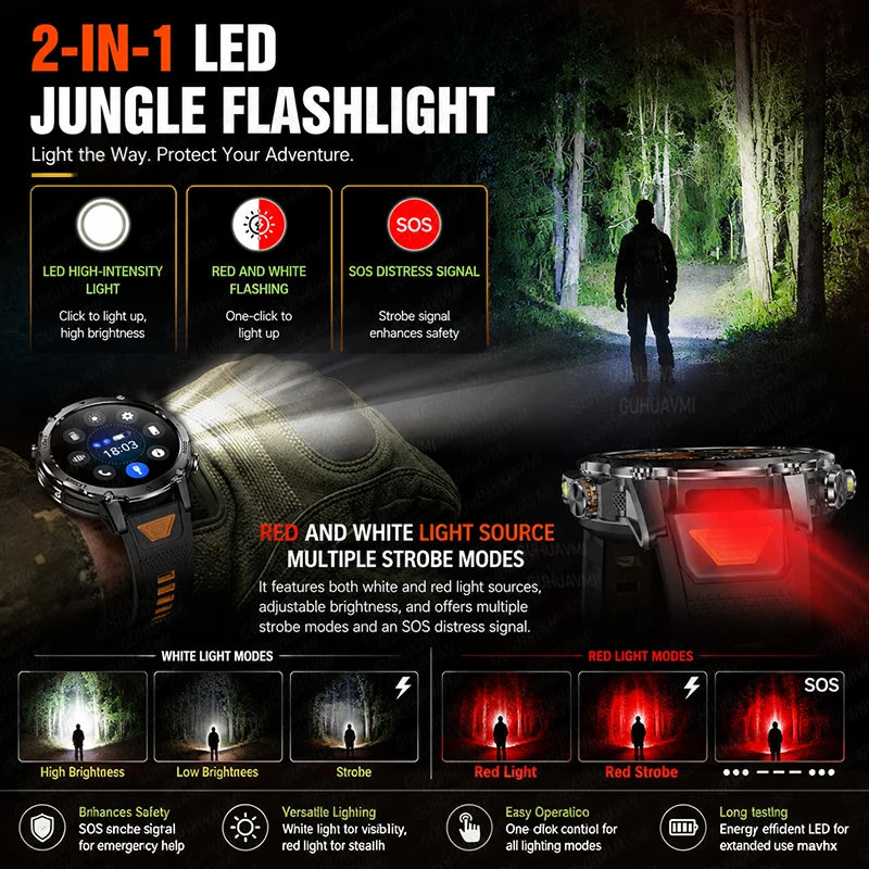 1400mAh Big Battery Smart Watch Men Outdoor GPS Flashlight