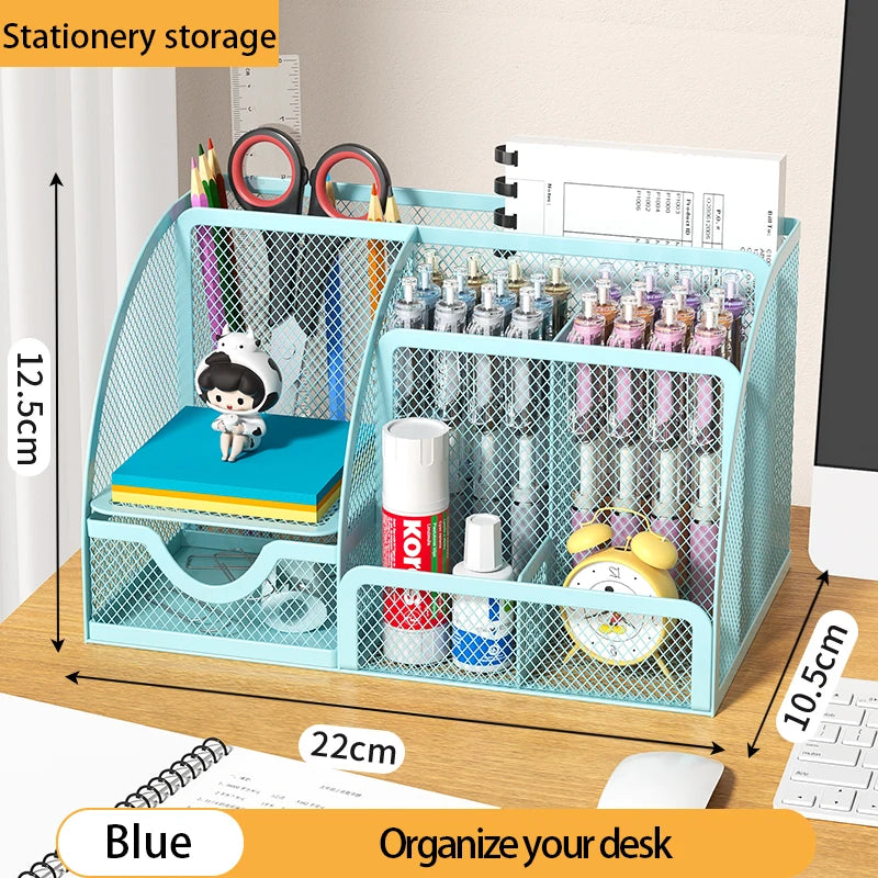 Mesh Desk Organizer Office with 7 Compartments with Drawer Desk Tidy Candy Pen Holder Multifunctional Organizer
