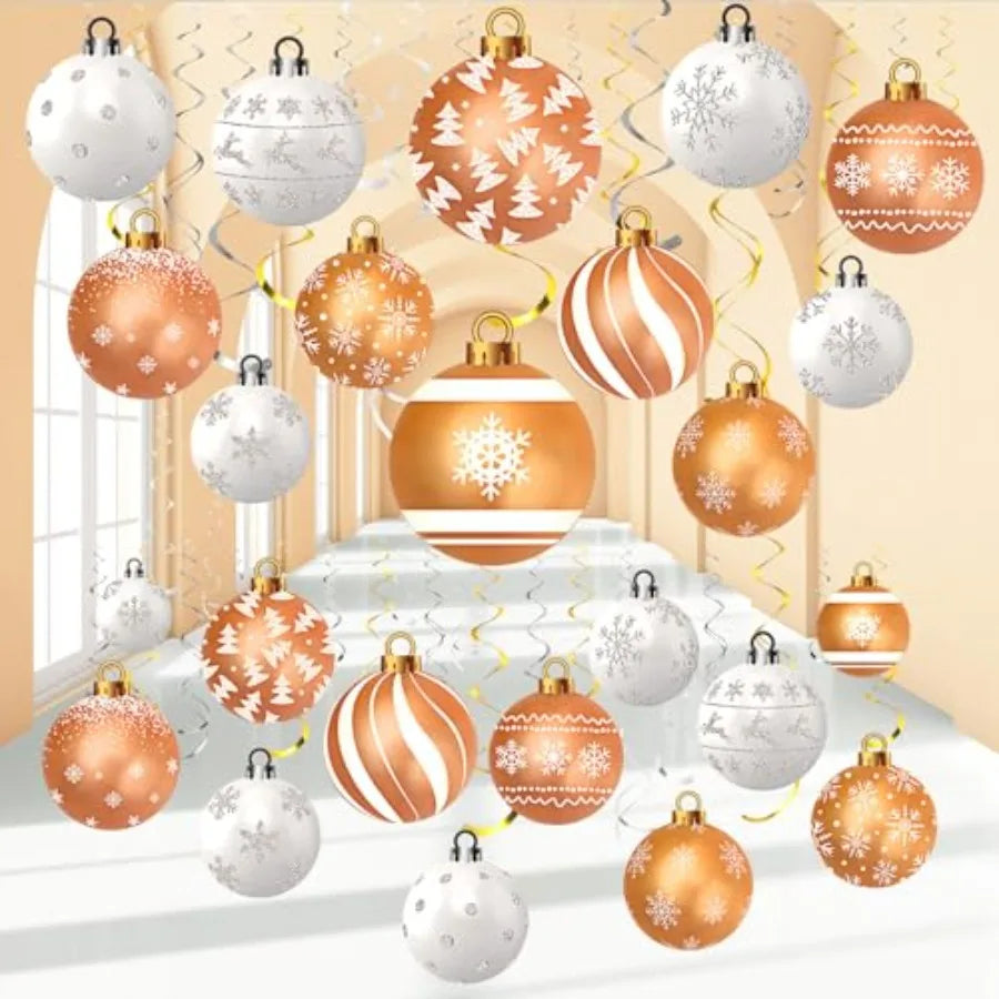Christmas hanging decorations set for holiday, baby shower, winter party: foil swirls, ball ornaments, ceiling decor in white g