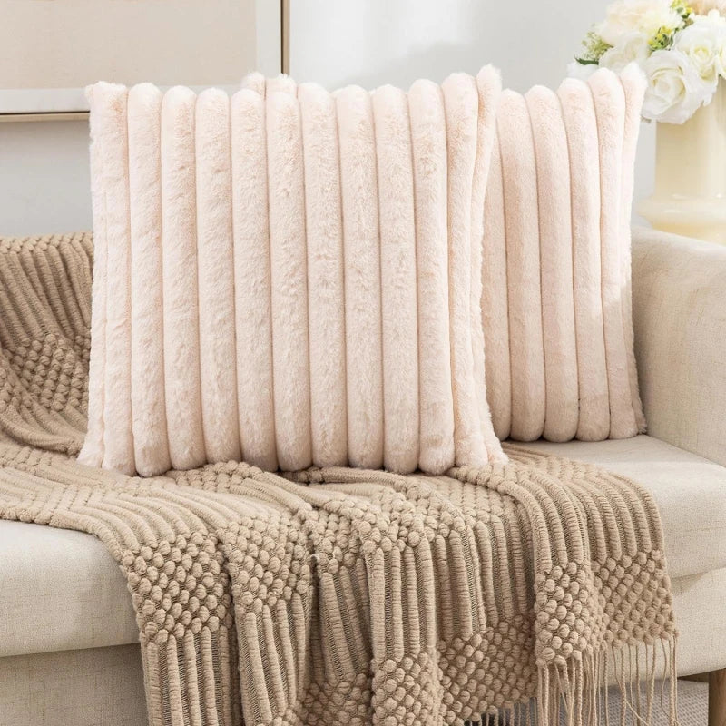 Artificial Rabbit Fur Square Cushion Cover Simple Stripe Super Soft Pillowcase 45x45 Cm Sofa Decorative Cushion Cover