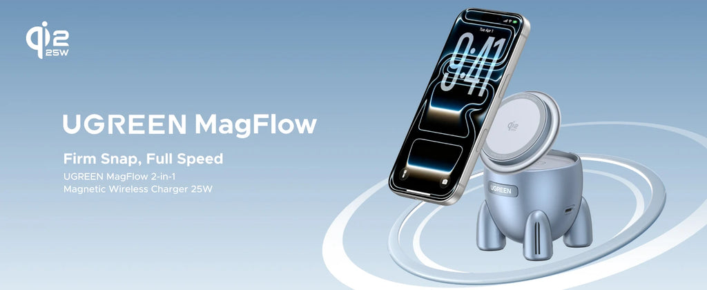 UGREEN Magflow Qi2.2 25W Magnetic Wireless Charger 2 in 1 Innovative Rocket -Style For iPhone 17 16 Pro Max Fast Charging