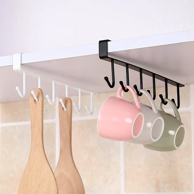1/2pcs 6 Hook Coffee Cup Mug Holder Black White Hooks Shelf Multifunction Kitchen Cabinet Sundries Organizer Storage Hanger