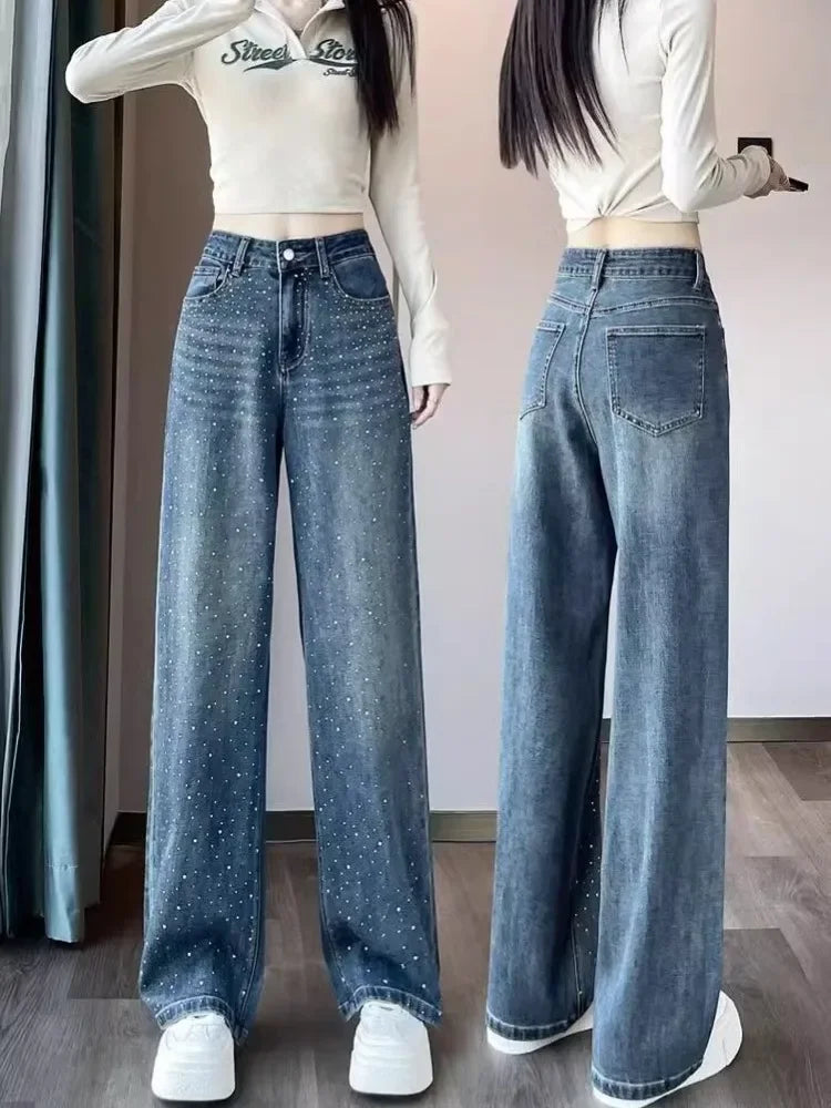 Fashion Y2K Hot Drilling Jeans High Waist Wide Leg Pants Spring