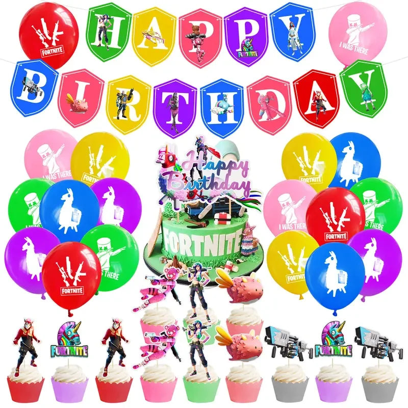 Fortnite Balloons Shooting Game Ballons Boy Girl Happy Birthday Banner Party Decoration Alpaca Llama Tableware Cake Topper Toy