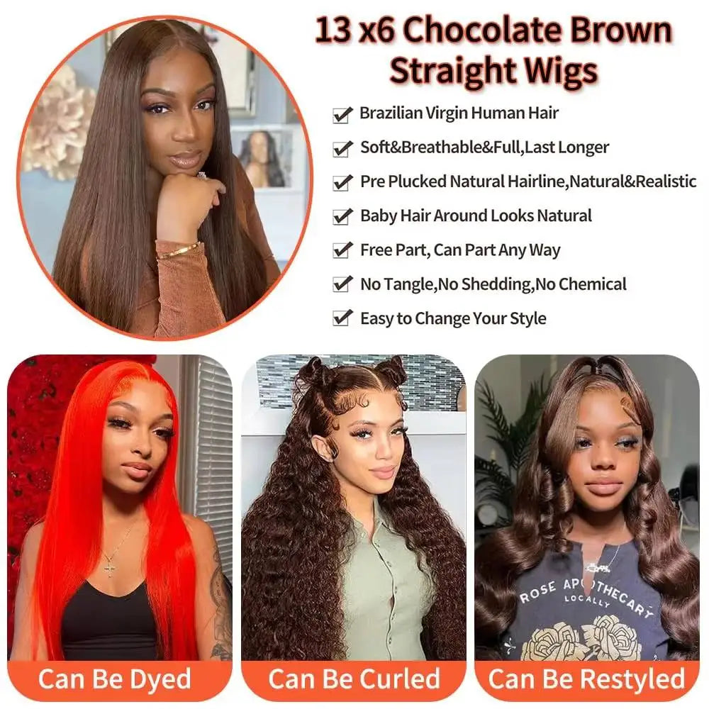 #4 Straight Chocolate Brown Wigs 200% Density 13x4 13x6 HD