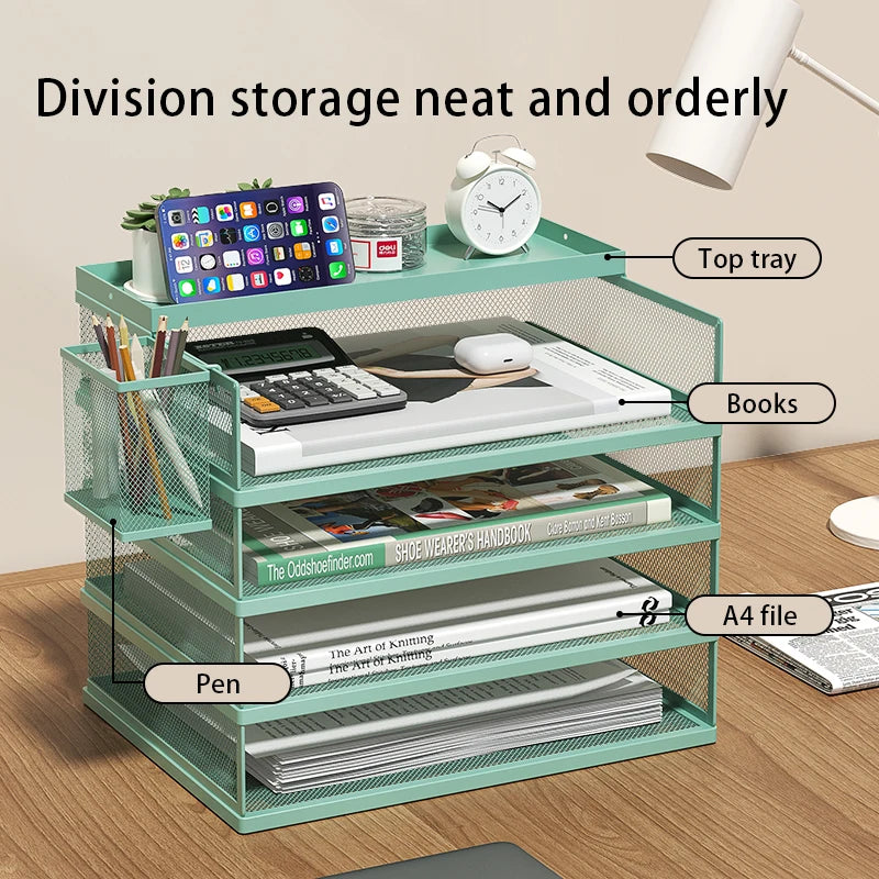 4-Tier Green Stackable Letter Tray Office Desk Organizer File Trays, Desktop Holder for Paper Letter Accessories with Pen Holder