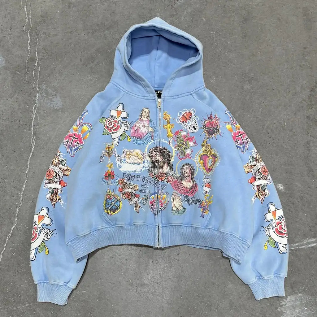 Men Blue Hip Hop Streetwear Hooded Sweatshirt Cartoon Graphic Print Oversized Casual Y2K Fashion Trendy Pullover Urban Style