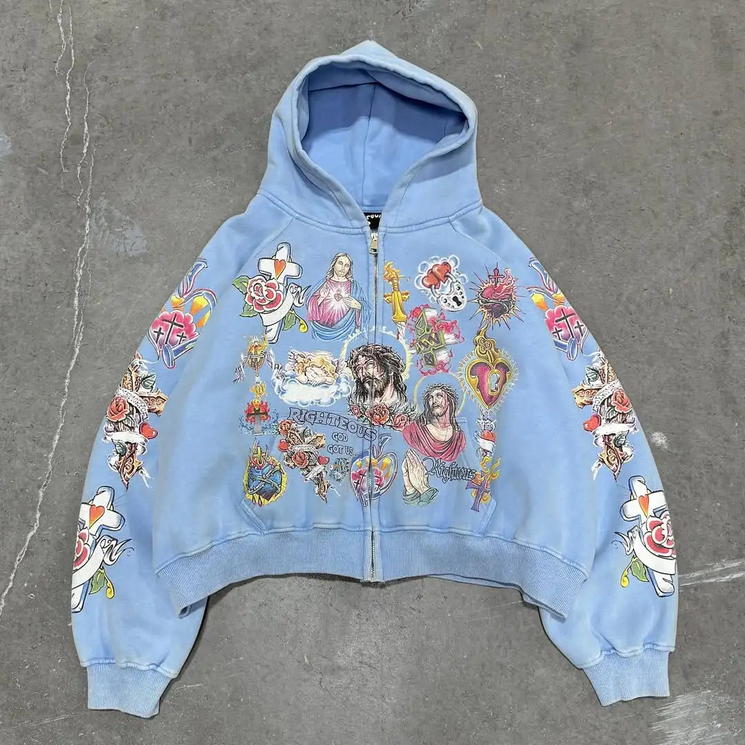 Men Blue Hip Hop Streetwear Hooded Sweatshirt Cartoon Graphic Print Oversized Casual Y2K Fashion Trendy Pullover Urban Style