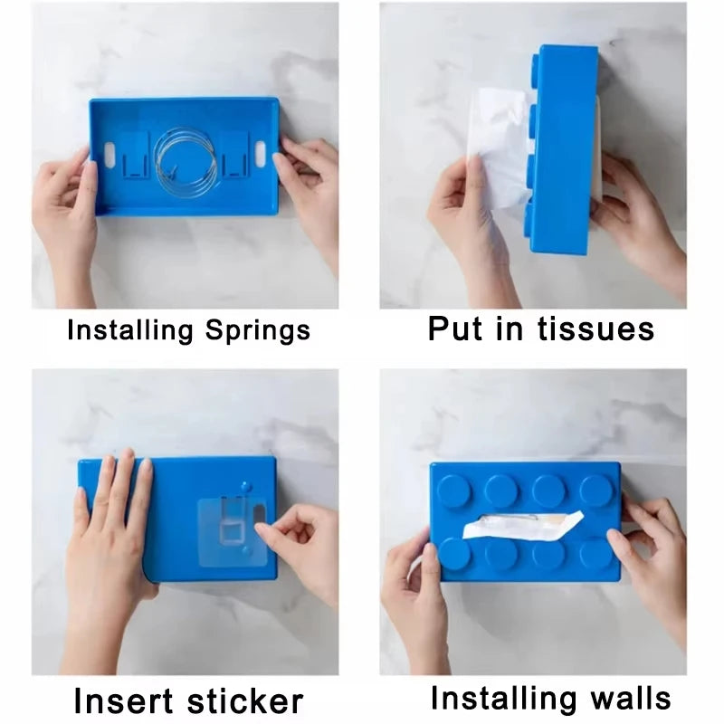 Building Blocks Tissue Box Punch-free Wall-mounted Creative Tissue Box With Spring Home Office Bathroom Waterproof Tissue Box