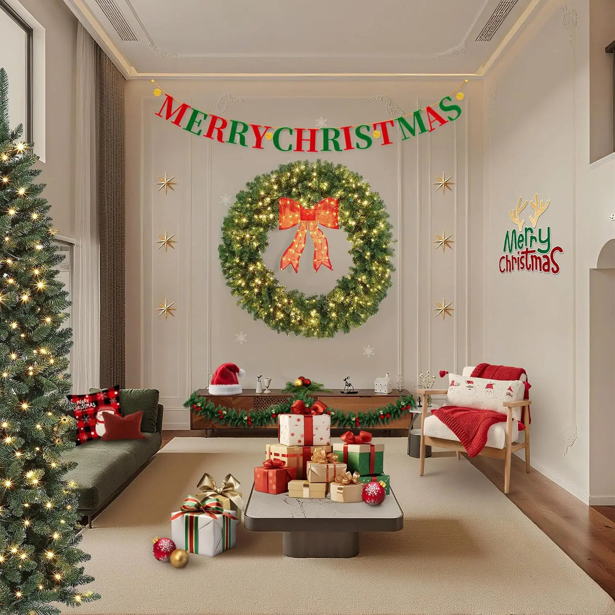 Garvee 48 Inch Christmas Hanging Wreath with Red Bow