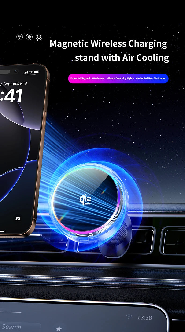 Car Magnetic Wireless Charger Qi2.2 25W Air Cooling RGB Light  Phone Holder For Magsafe iPhone 17 16 15 14 13 12 Fast Charging