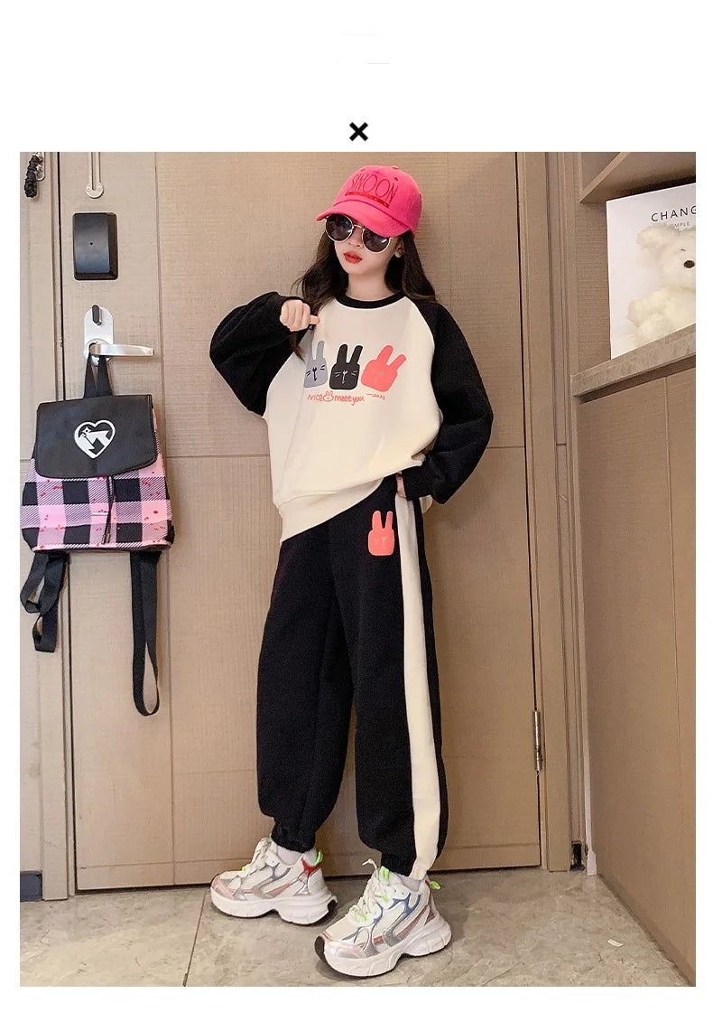 Girls Cotton Contrast Cartoon Alphabet Loose Sweatshirt+Sweatpant School Kids Tracksuit Child Jogger Outfit Workout Sets 5-16Yrs