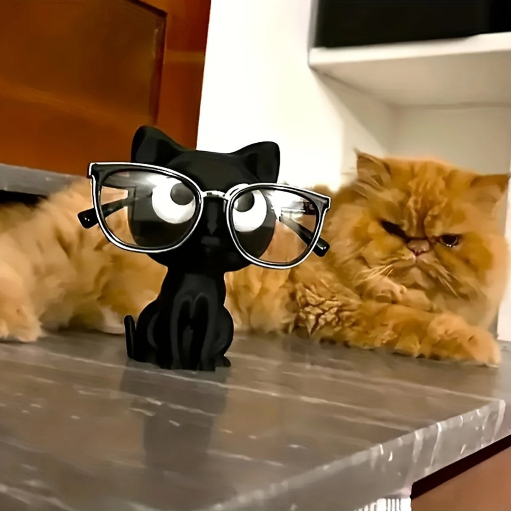 Cute Black Cat Glasses Holder Fashion Eyeglass Stand with Sitting Kitten Pose Adorable Desk Organizer for Home Office Room Decor