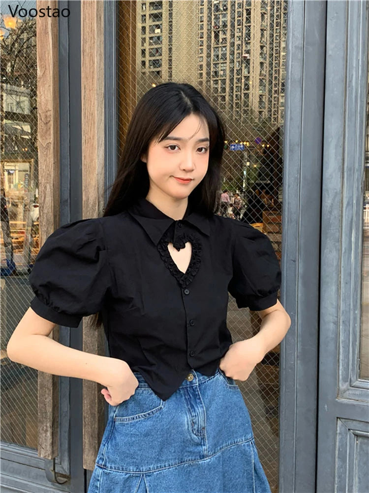 Sweet Lolita Style Blouses White Hollow Out Ruffles Heart Crop