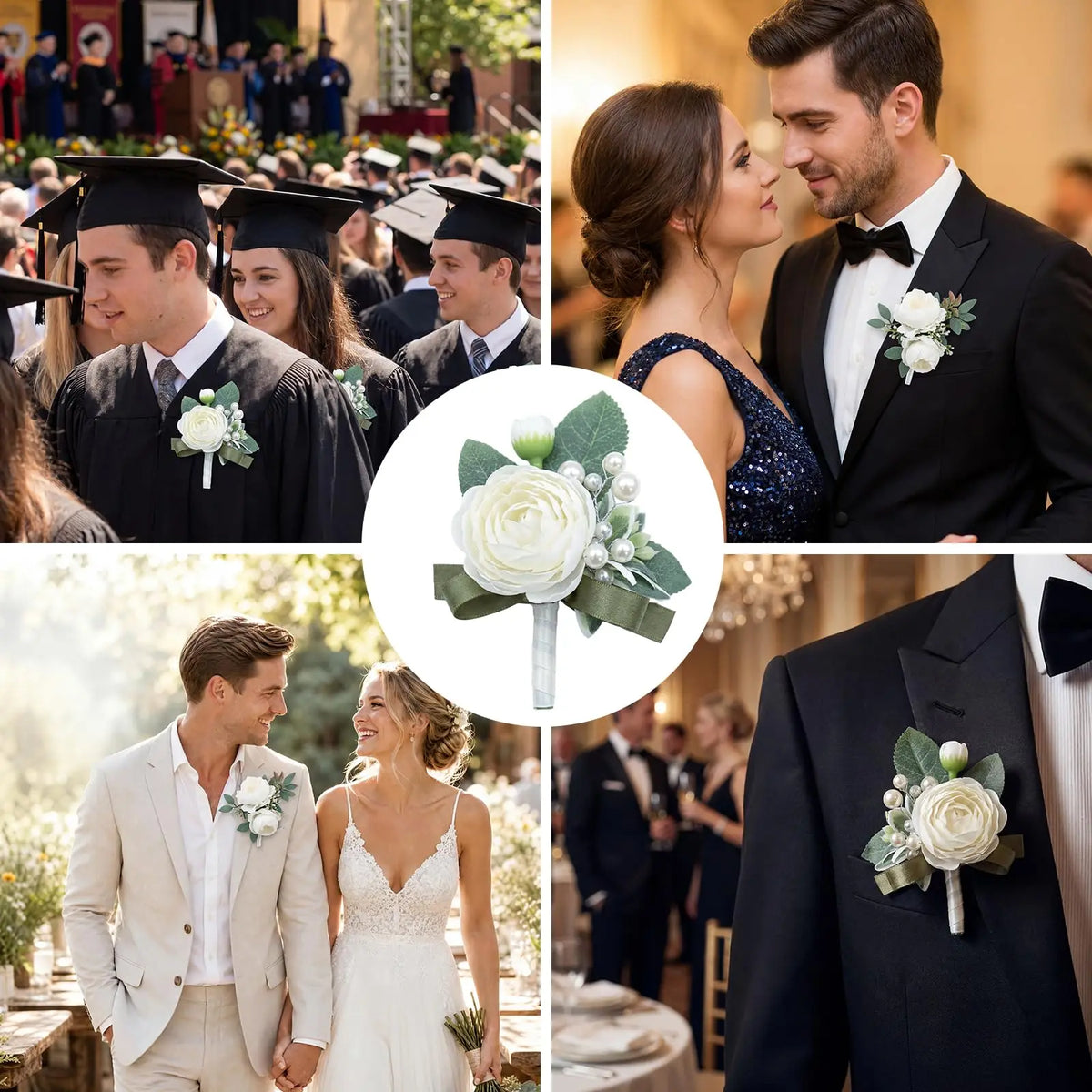 White Peony Boutonniere Set for Men
