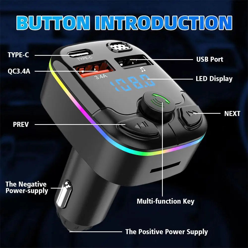Bluetooth 5.0 Car FM Transmitter Wireless Charger PD Type C Fast Charge Dual USB Charger Ambient Light MP3 Player Handsfree