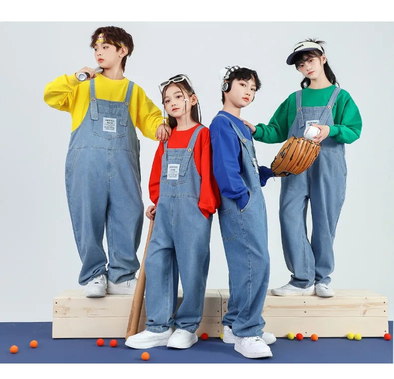 Boys Hip Hop Solid Sweatshirt Denim Loose Overalls Girls Crop Top Kids Dungaree Child Jumpsuit Street Dance Romper Streetwear