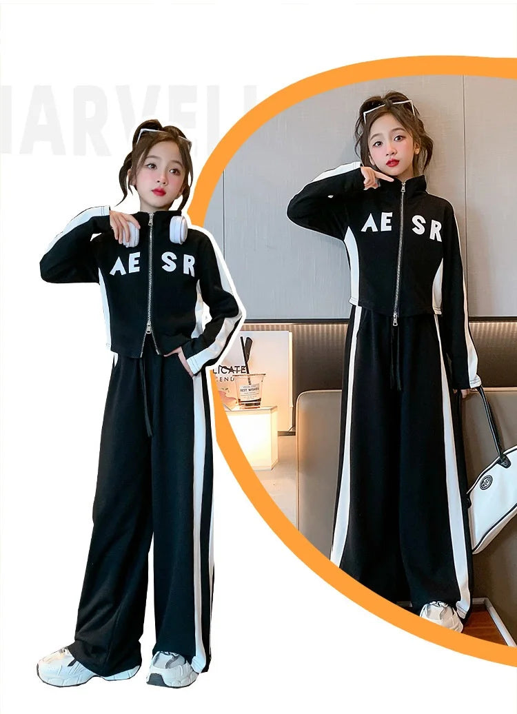 Girls Patchwork Alphabet 2-Way Zip Sweatshirt Jacket+Sweatpant Workout Set School Kids 2PCS Tracksuit Child Jogger Outfit 7-16Yr