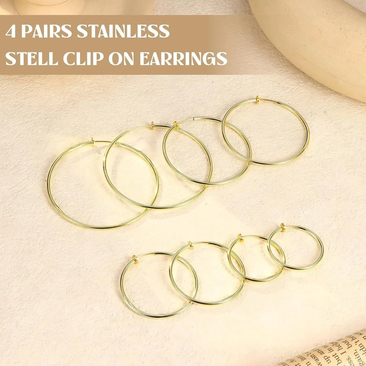 4Pairs Stainless Steel Clip on Hoop Earrings for Women Fake Hoop