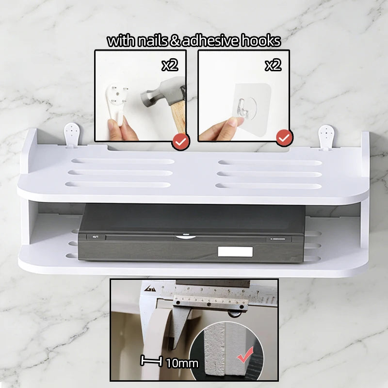 2 Tier Wall Mount Shelf No Drill Router TV Box Power Strips Floating Organizer Home Hanging Storage Cable Management with Hooks