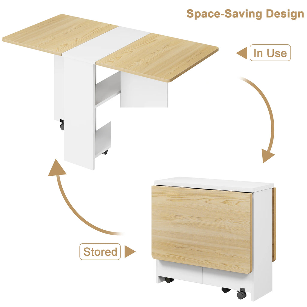 Folding Dining Table With Wheels And 2 Tier Storage