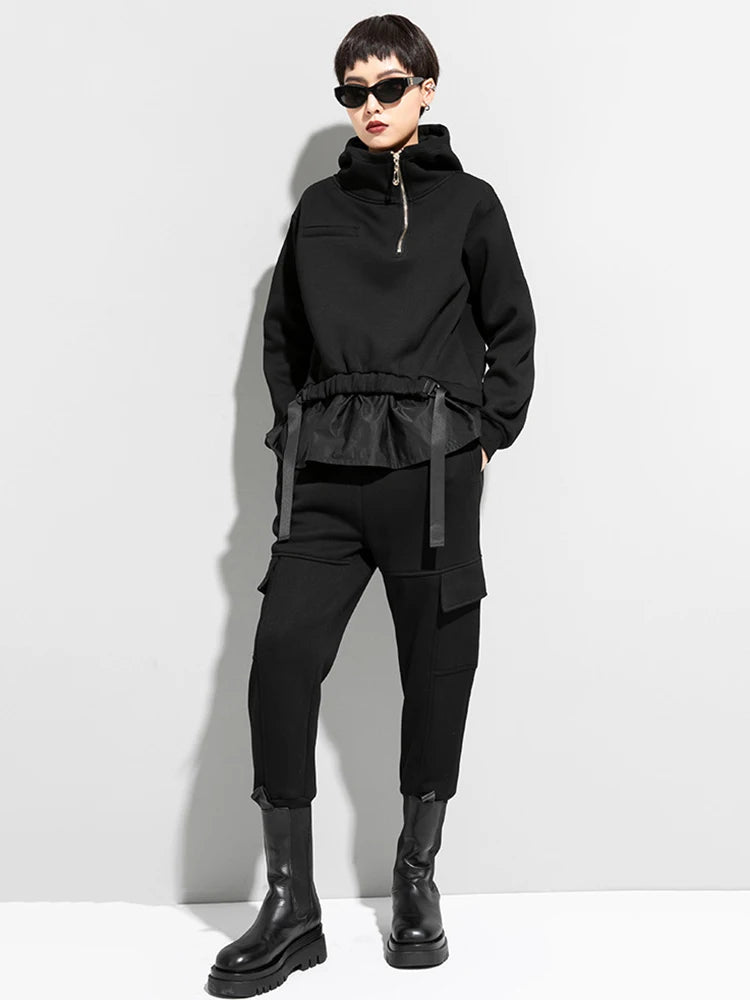 [EAM] Loose Fit Ruffles Spliced Sweatshirt New Hoooded Long Sleeve Women Big Size Fashion Tide Spring Autumn 2026 1DD2569