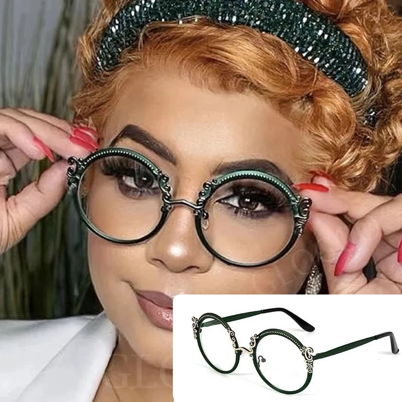 Gold Clear Carving Round Reading Glasses Women Unique Vintage Prescription Eyeglasses Metal Frame Blue Light Blocking Glasses