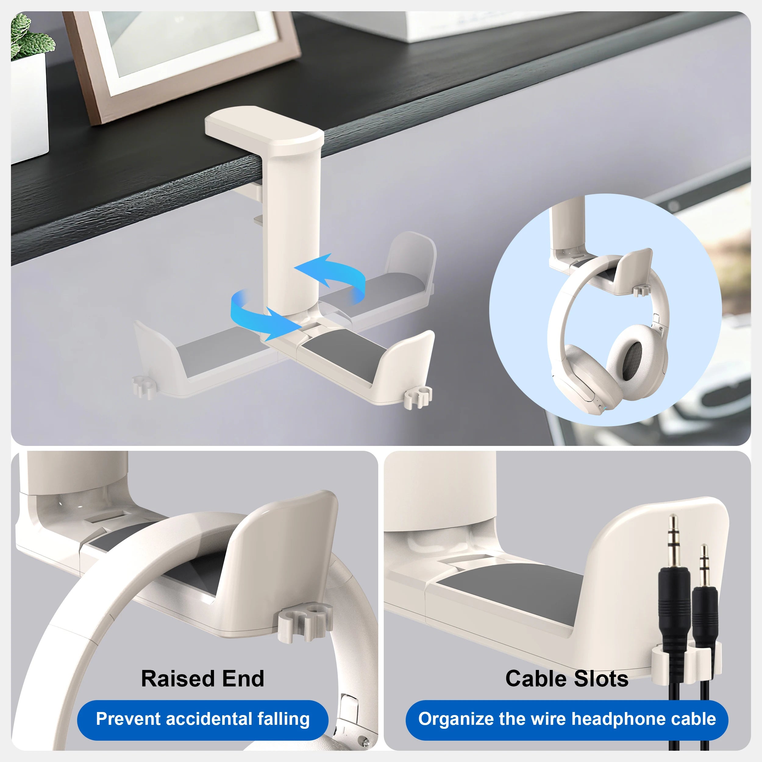 4-in-1 Desk Organizer - Under Desk Cup Holder and Headphone Hanger with 2 Wire Holes - Rotating Hanger，for Cup, Phone and Pen