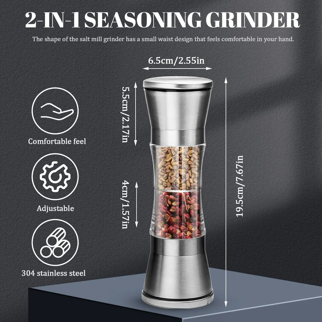 2-in-1 Adjustable Pepper Salt Grinder - Rustproof Stainless Steel Manual Mill with Double Heads & Coarseness Control