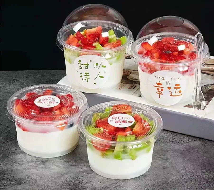250ML Disposable Salad Cup 50/100Pcs Transparent Plastic Dessert Cups Bowls Container with Dome/Flat Lids for Ice Cream Cupcake