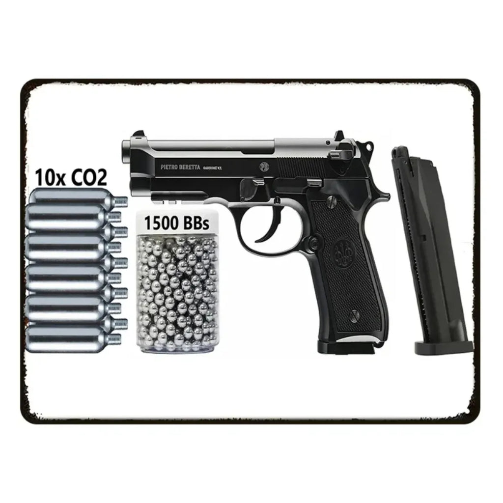 Pietro Beretta CO2 Air Pistol Metal Tin Sign, Retro Airgun BBs Ammo Wall Art Decor, Rustic Shooting Hobby Plaque for Man Cave Ga