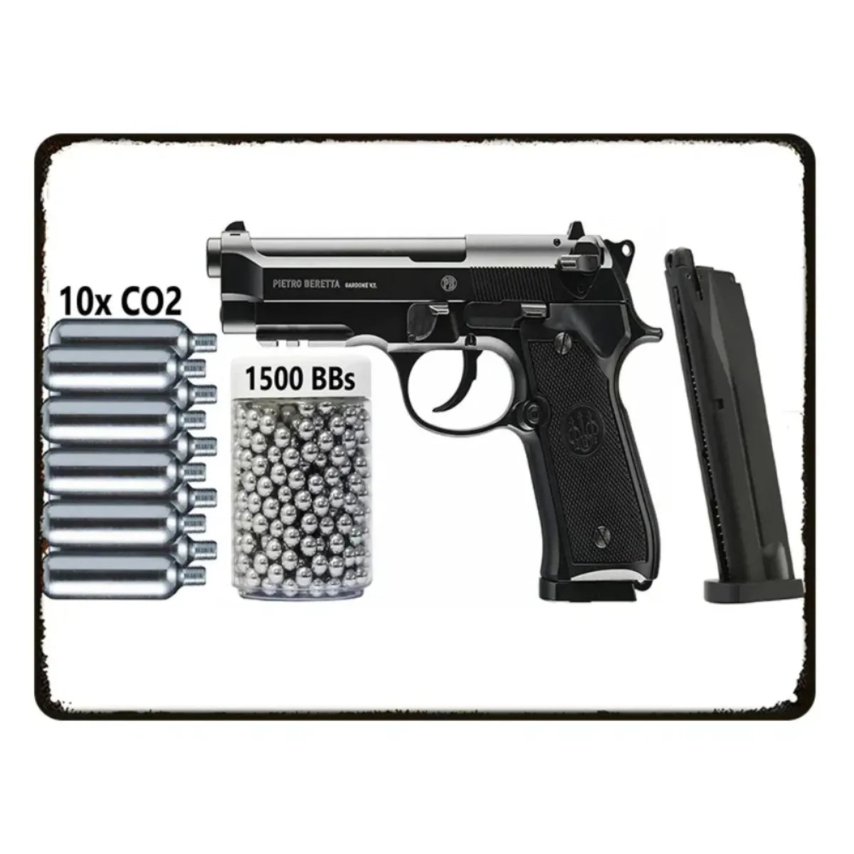 Pietro Beretta CO2 Air Pistol Metal Tin Sign, Retro Airgun BBs Ammo Wall Art Decor, Rustic Shooting Hobby Plaque for Man Cave Ga