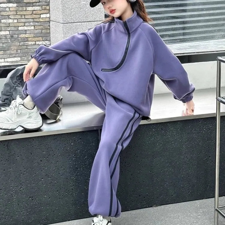 Top & Pants 2-Piece Set Fleece-lined Sweatshirt Girls Winter Clothing Girls' Autumn Clothes Korean Children's 2025 Wear Girl Two