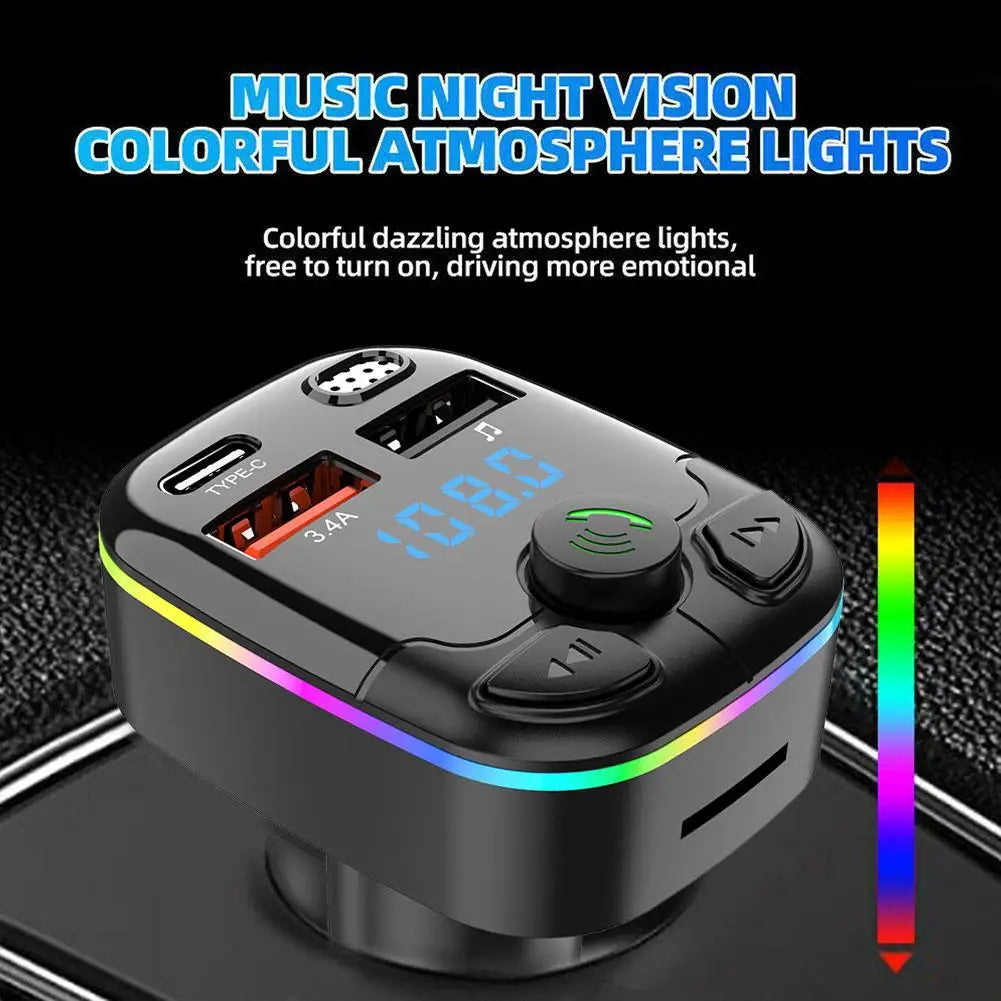 Bluetooth 5.0 Car FM Transmitter Wireless Charger PD Type C Fast Charge Dual USB Charger Ambient Light MP3 Player Handsfree