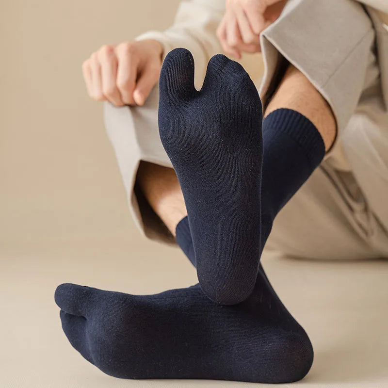 Men's 2 Toe Socks Flip Flop Sandal 2 Toe Middle Tube Socks Solid Color Striped Split Toe Socks Business Casual Cotton Socks